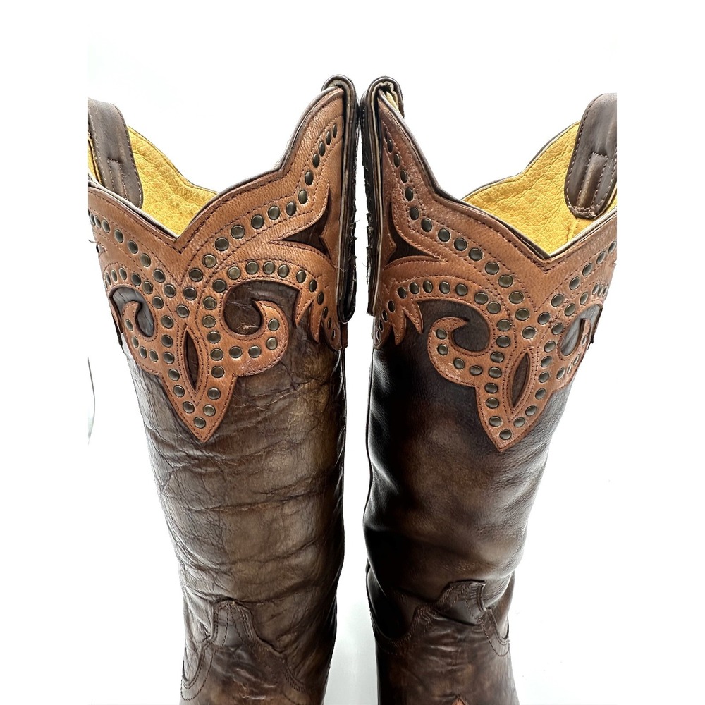 OLD GRINGO for Cavender's Chocolate/Tan Overlay Scroll Fleur Studded Boots 6B - Picture 6 of 12